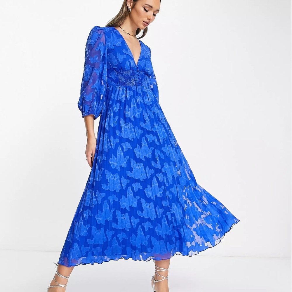 ASOS DESIGN burnout button up shirred waist pleated midi dress in cobalt blue